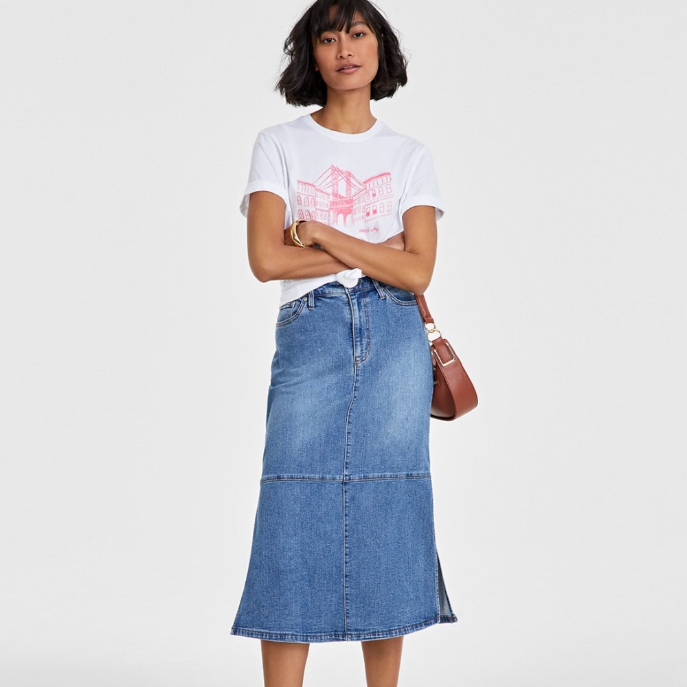Macys on 34th Panel Denim Midi Skirt. Blue size 8 - Picture 2 of 12